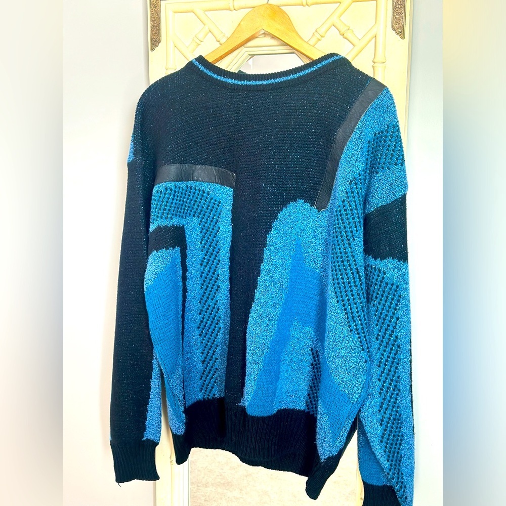 Vintage Black and Blue Abstract Acrylic Crewneck Sweater with Leather accents - Picture 3 of 9